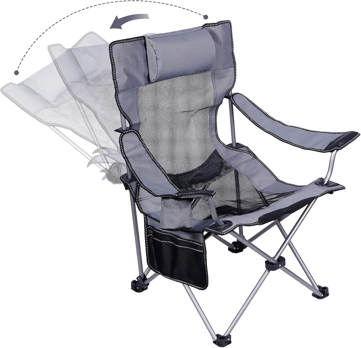 Green Folding Adjustable Recliner Camping Chair with Headrest Cup Holders Side Pocket V31031