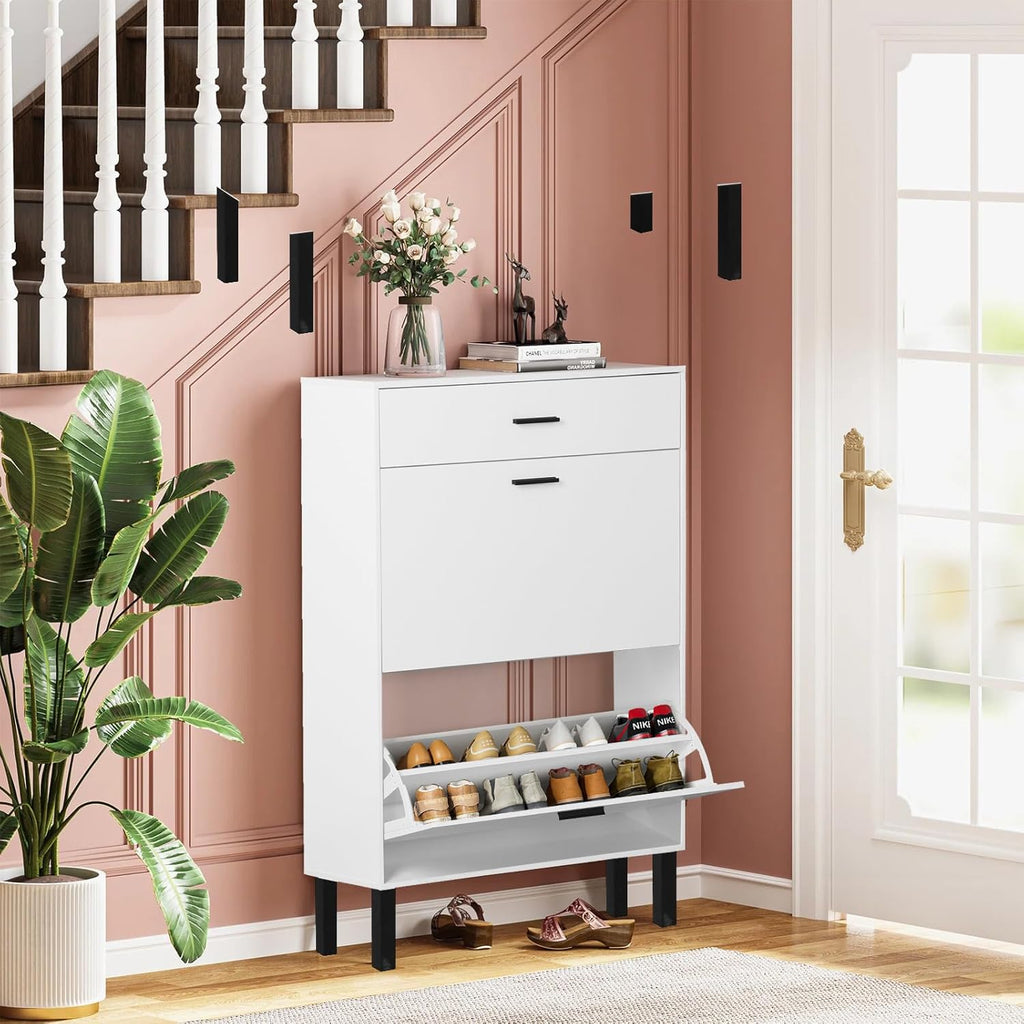 White Wooden Shoe Cabinet with 2 Flip Drawers N68875