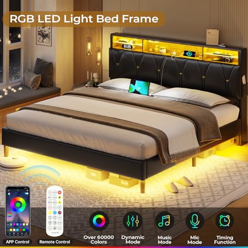 Creamy White Velvet Upholstered Full Size Bed Frame with Headboard Storage and LED Lights G9334