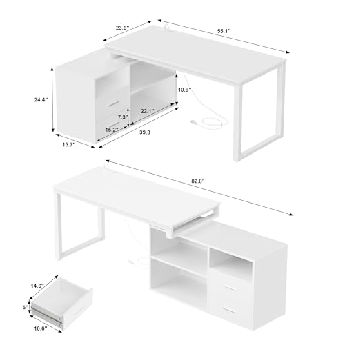 White 55 Inch L-Shaped Desk with File Cabinet and Drawers F6036