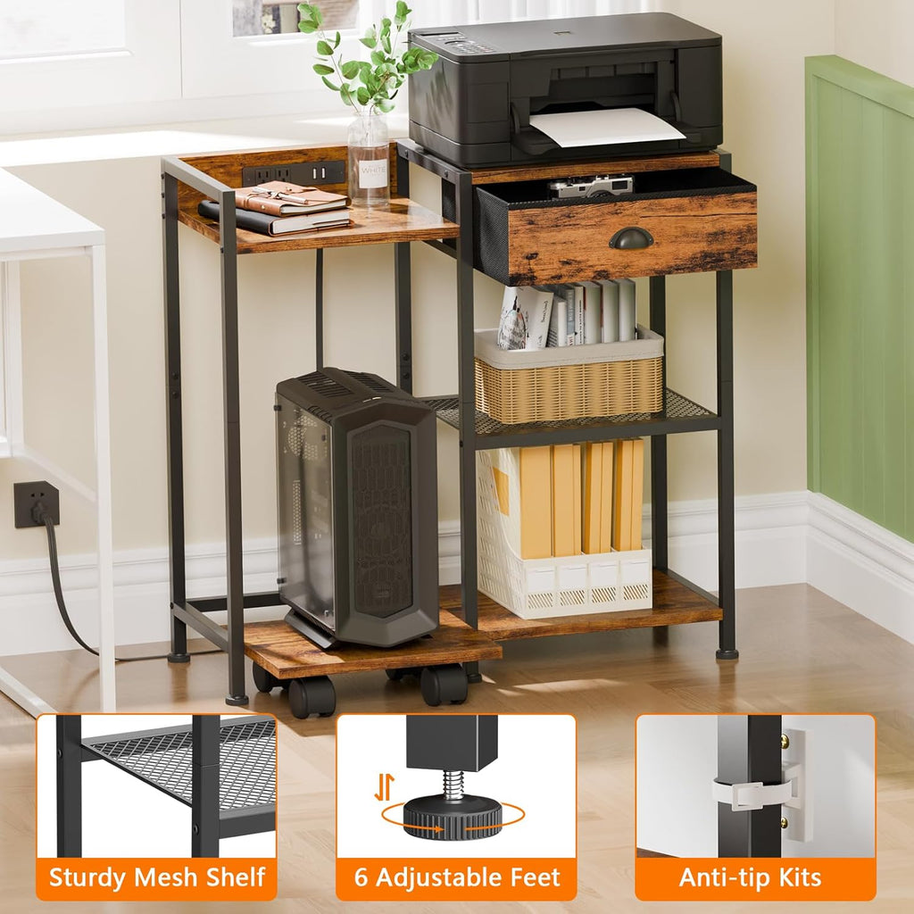 Printer Stand with Storage Drawer, 3 Tier, Wheels, Rustic Brown G76442