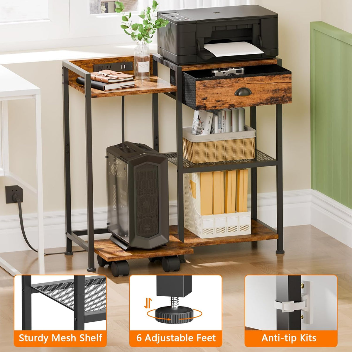 Printer Stand with Storage Drawer, 3 Tier, Wheels, Rustic Brown G76442