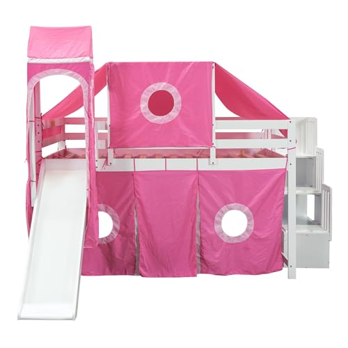 Full Loft Bed with Slide, Storage Stairs, and Tent, Dark Blue C5508