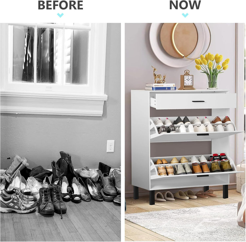 White Wooden Shoe Cabinet with 2 Flip Drawers N68875