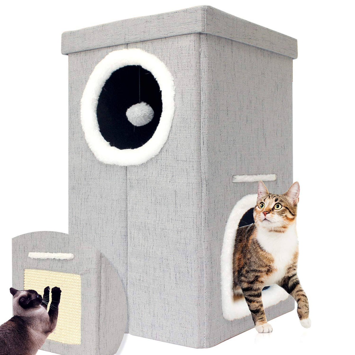 Collapsible 2-Level Plush Cat Condo Ottoman L677296