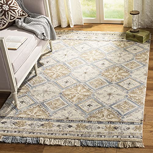 Beige Light Blue Handmade Fringe Wool Runner Rug M878327