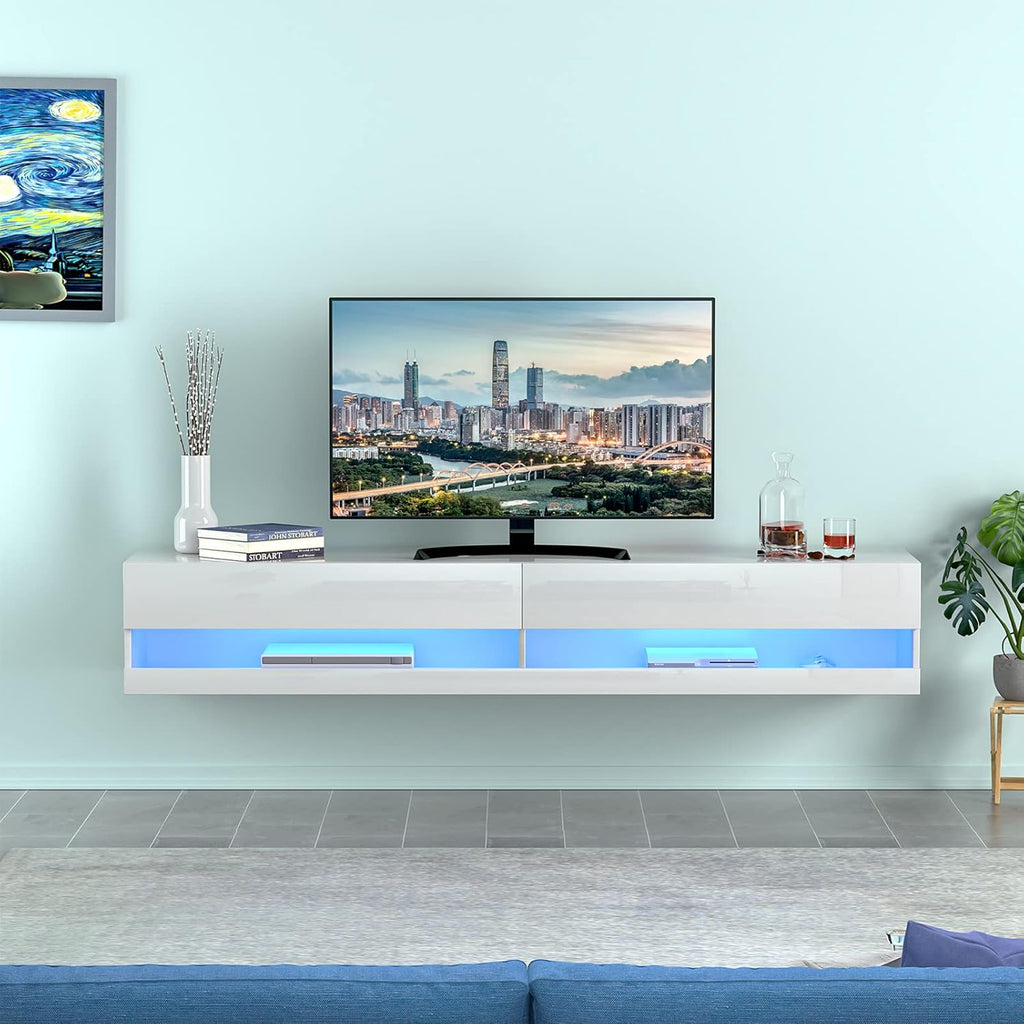 71 Inch High Glossy Wall Mounted Floating TV Stand with RGB LED Light N5149