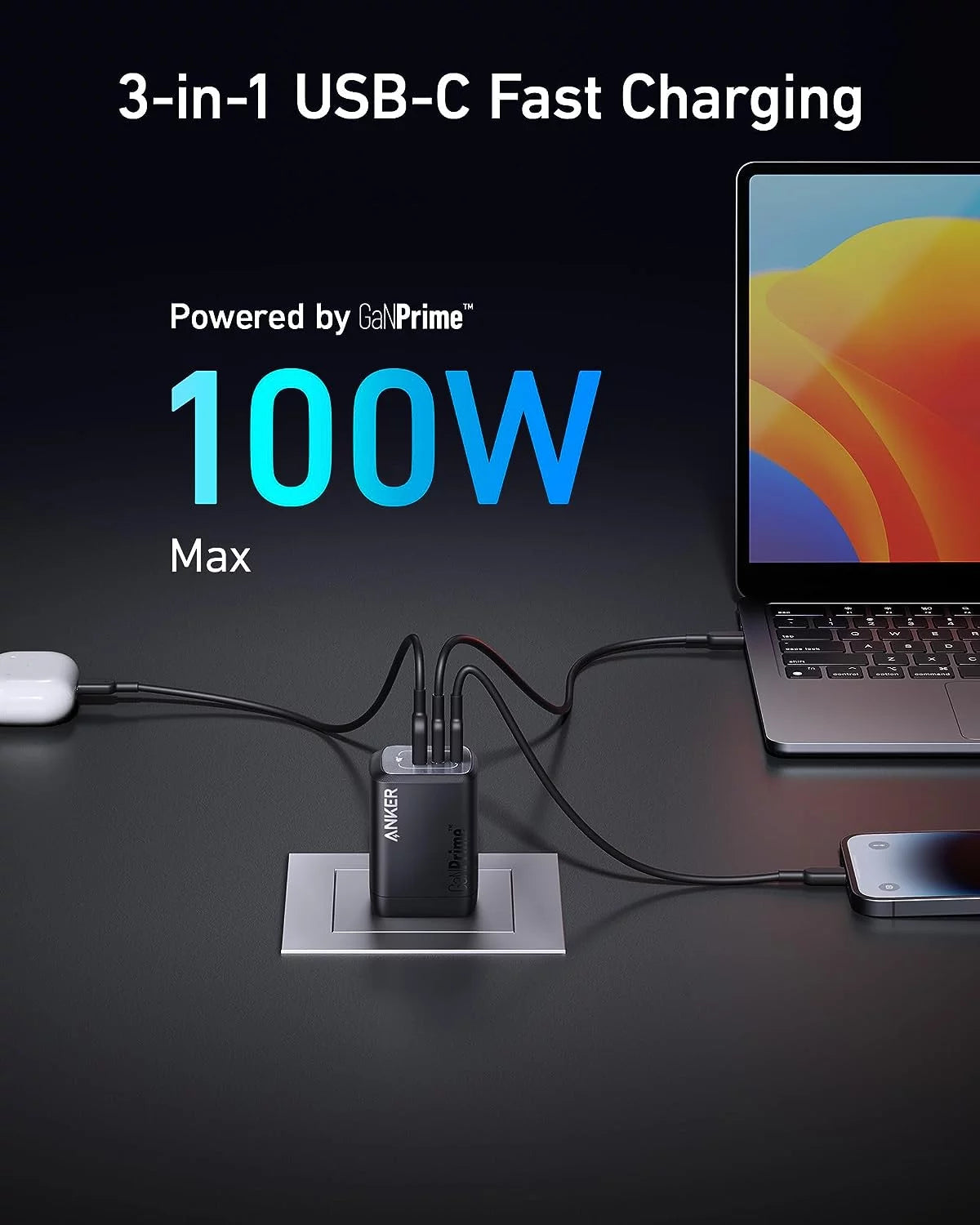 100W USB C GaN Wall Charger, 3-Port Compact Fast Charger T86118