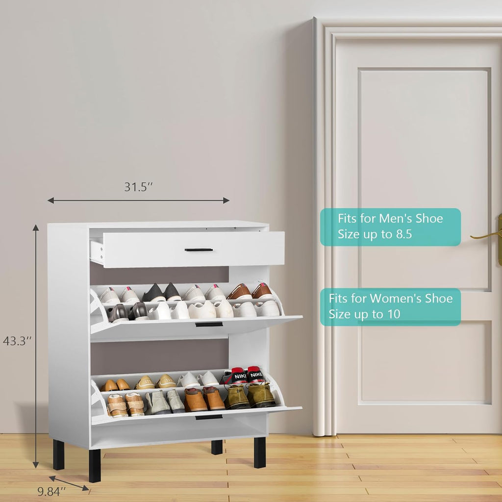 White Wooden Shoe Cabinet with 2 Flip Drawers N68875