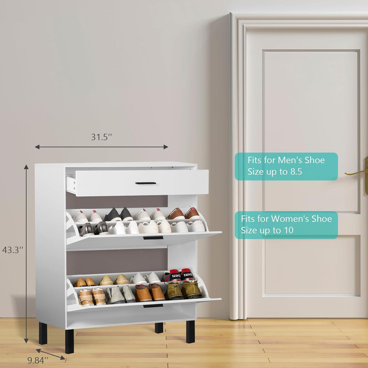 White Wooden Shoe Cabinet with 2 Flip Drawers N68875