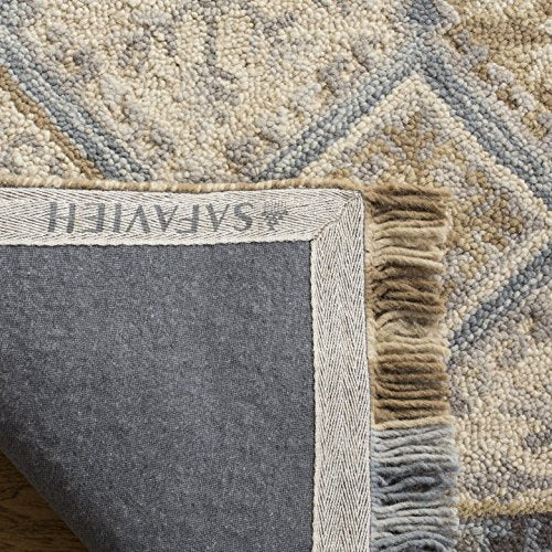 Beige Light Blue Handmade Fringe Wool Runner Rug M878327