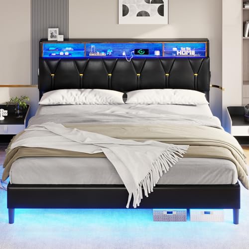 Creamy White Velvet Upholstered Full Size Bed Frame with Headboard Storage and LED Lights G9334