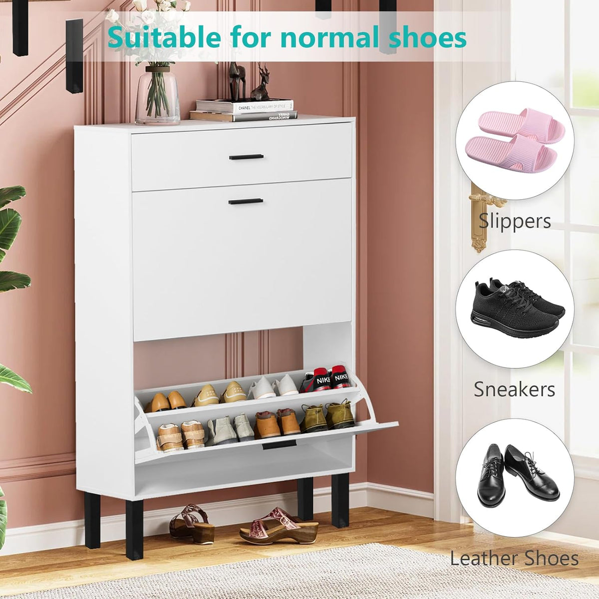 White Wooden Shoe Cabinet with 2 Flip Drawers N68875