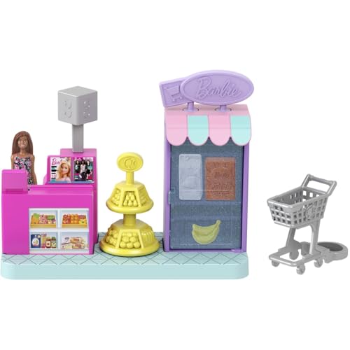 Mini Land DreamHouse & 3 Playsets with 4 1.5-Inch Dolls, Doll House Furniture & Accessories M375