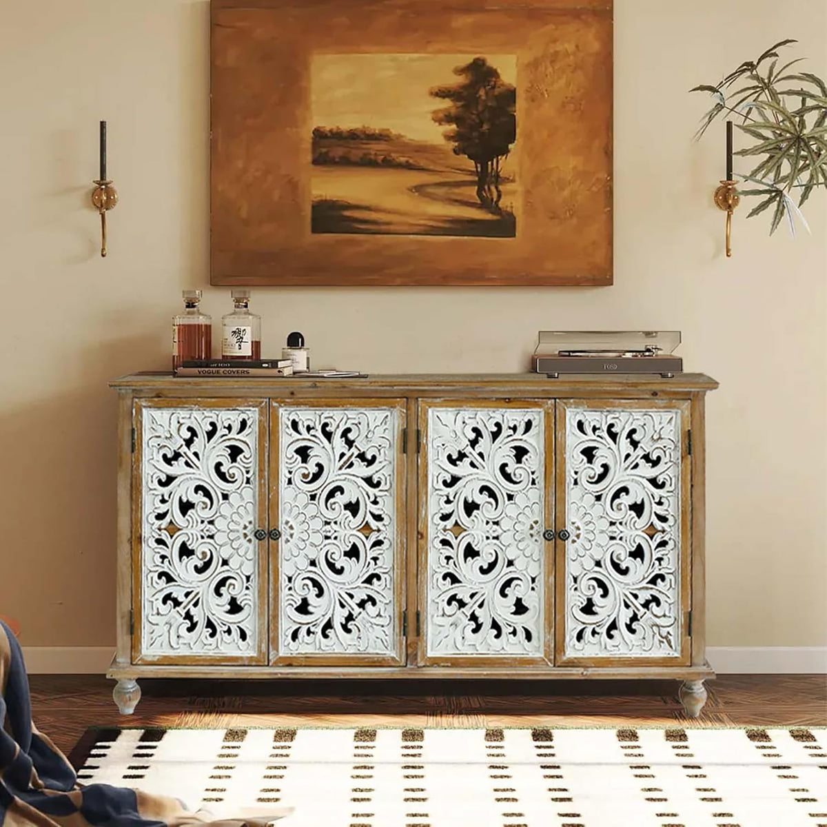 Accent Cabinet with 4 Doors and Wood Carved Floral Doors C951365
