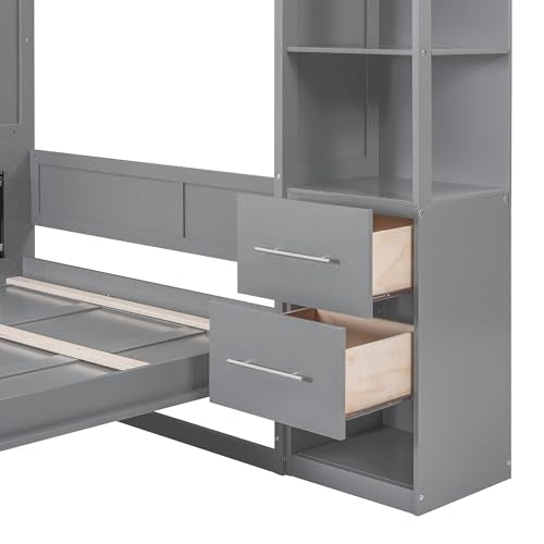 Gray Queen Size Wood Wall Bed with Shelves and Drawers N739