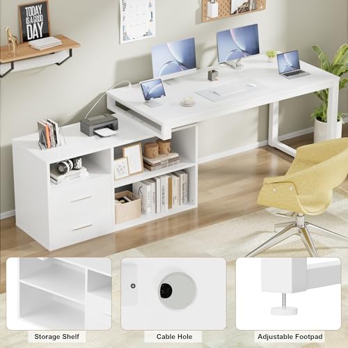 White 55 Inch L-Shaped Desk with File Cabinet and Drawers F6036