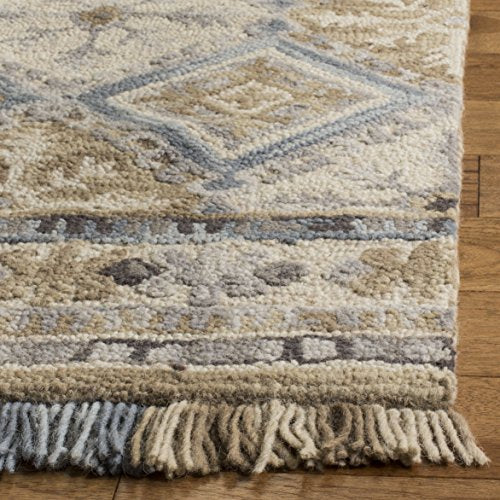 Beige Light Blue Handmade Fringe Wool Runner Rug M878327