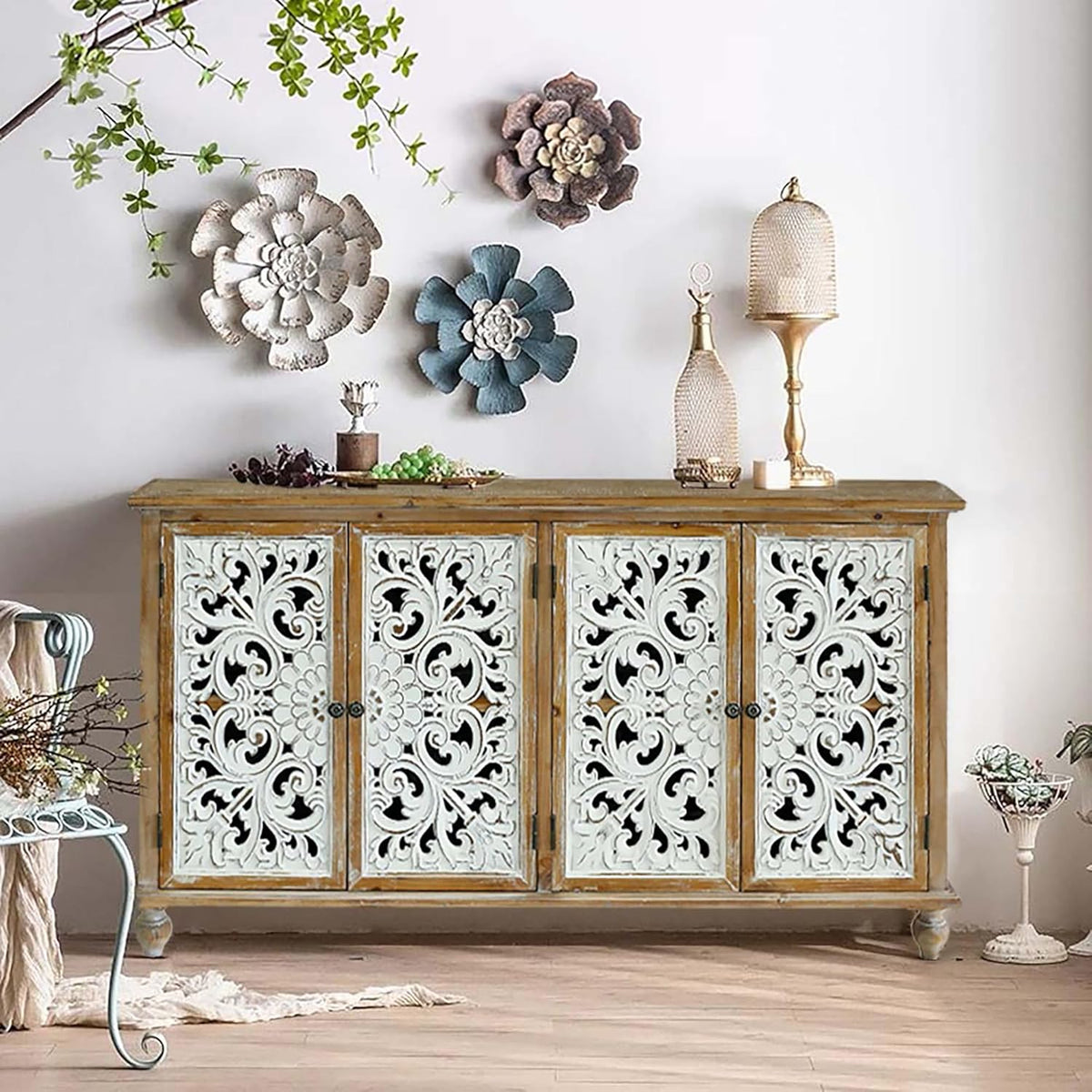 Accent Cabinet with 4 Doors and Wood Carved Floral Doors C951365