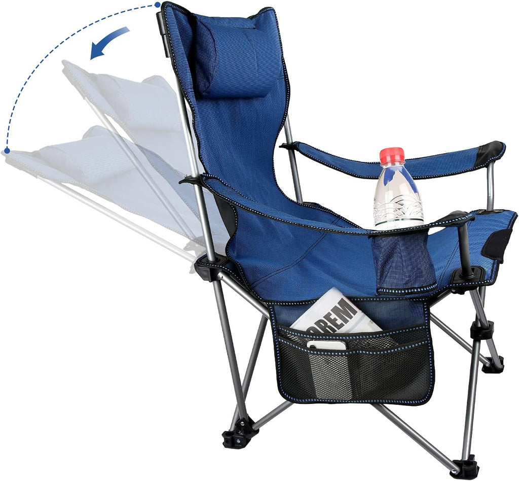 Green Folding Adjustable Recliner Camping Chair with Headrest Cup Holders Side Pocket V31031