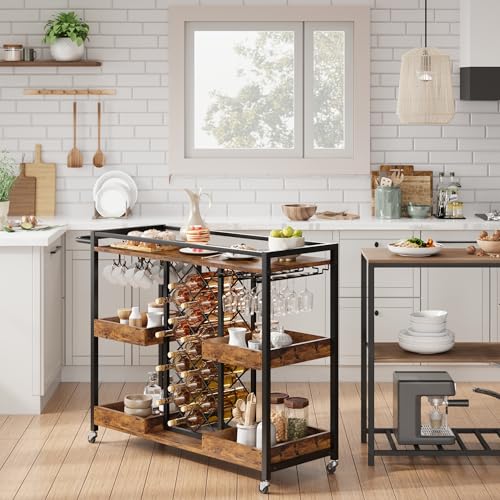 Brown 3 Tier Rolling Bar Cart with Wine Rack F4755
