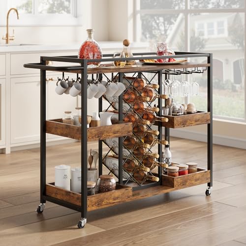 Brown 3 Tier Rolling Bar Cart with Wine Rack F4755