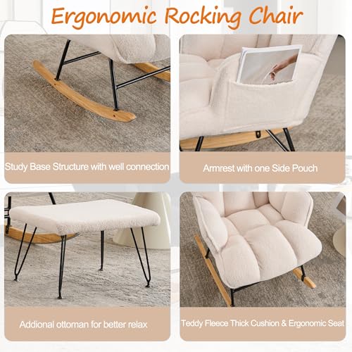 White Teddy Upholstered Glider Rocker with Ottoman B75580