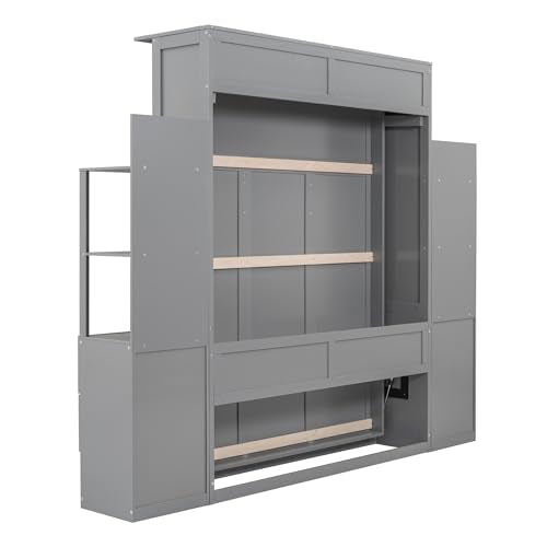 Gray Queen Size Wood Wall Bed with Shelves and Drawers N739