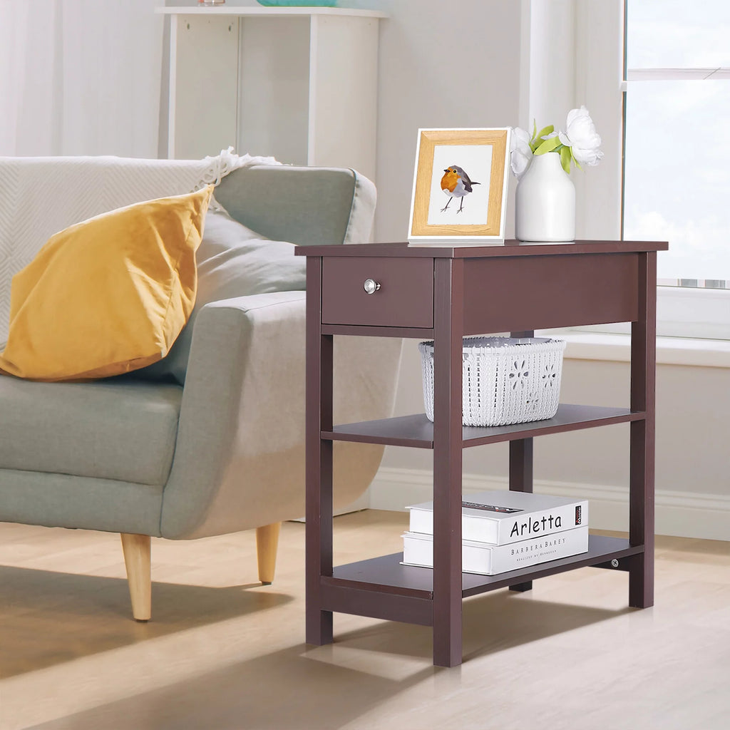 2 Pack 3-Tier Narrow MDF End Table with Drawer & Storage Shelf X4550