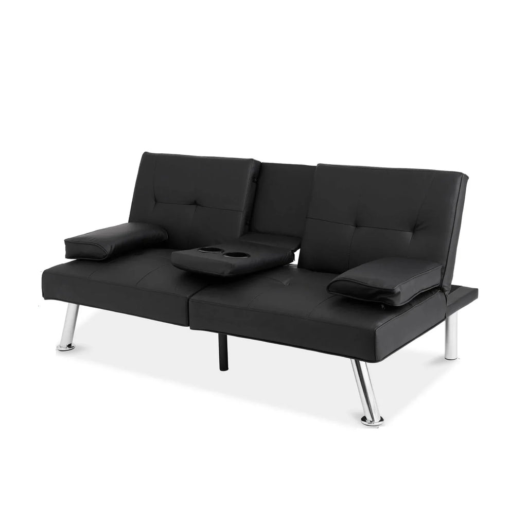Black Faux Leather Convertible Sofa Futon with 2 Cup Holders R253147