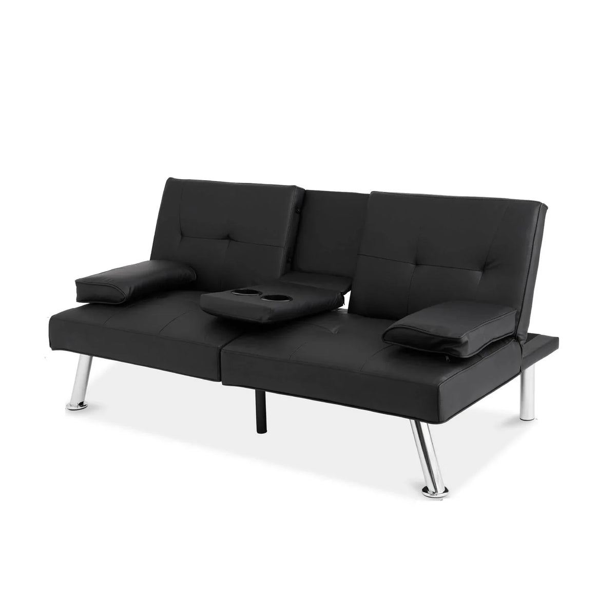 Black Faux Leather Convertible Sofa Futon with 2 Cup Holders R253147