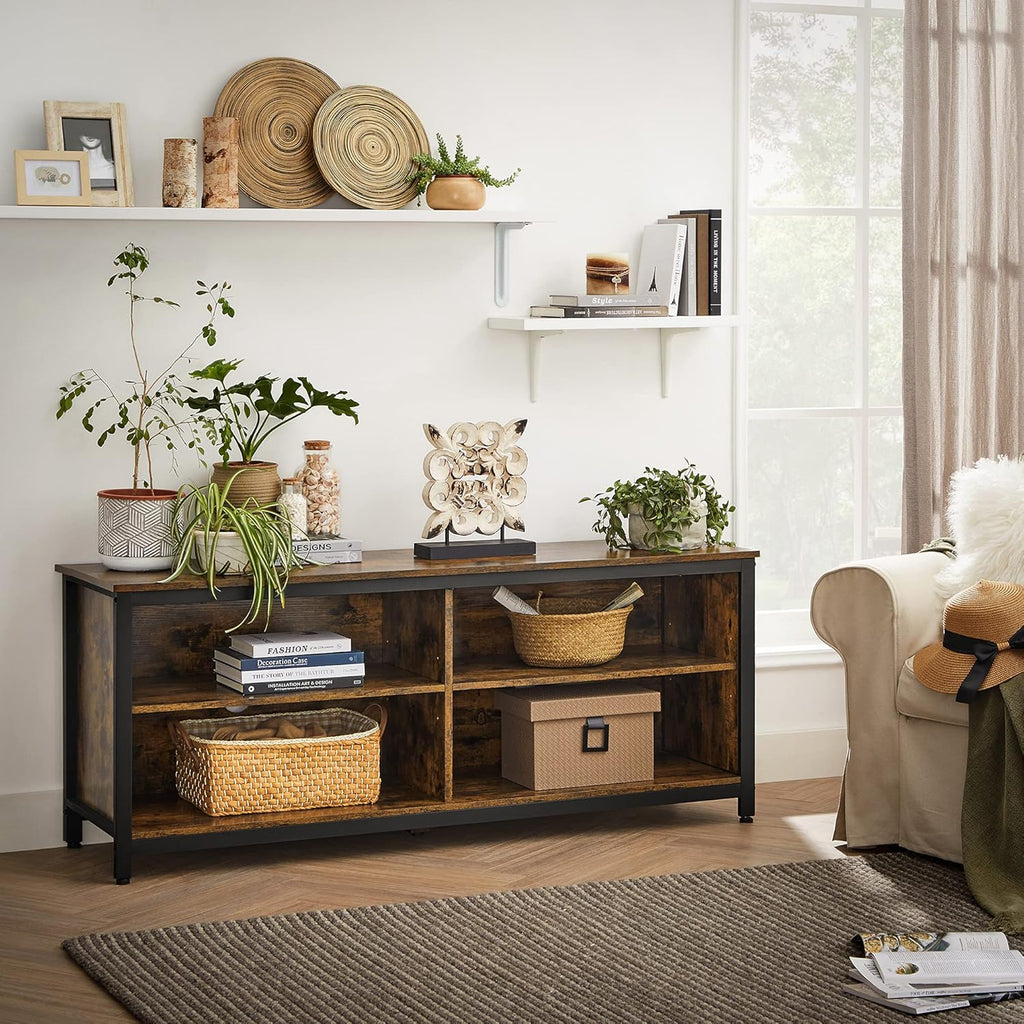 Rustic Brown and Black TV Stand with 4 Cubby and Adjustable Shelves S45467