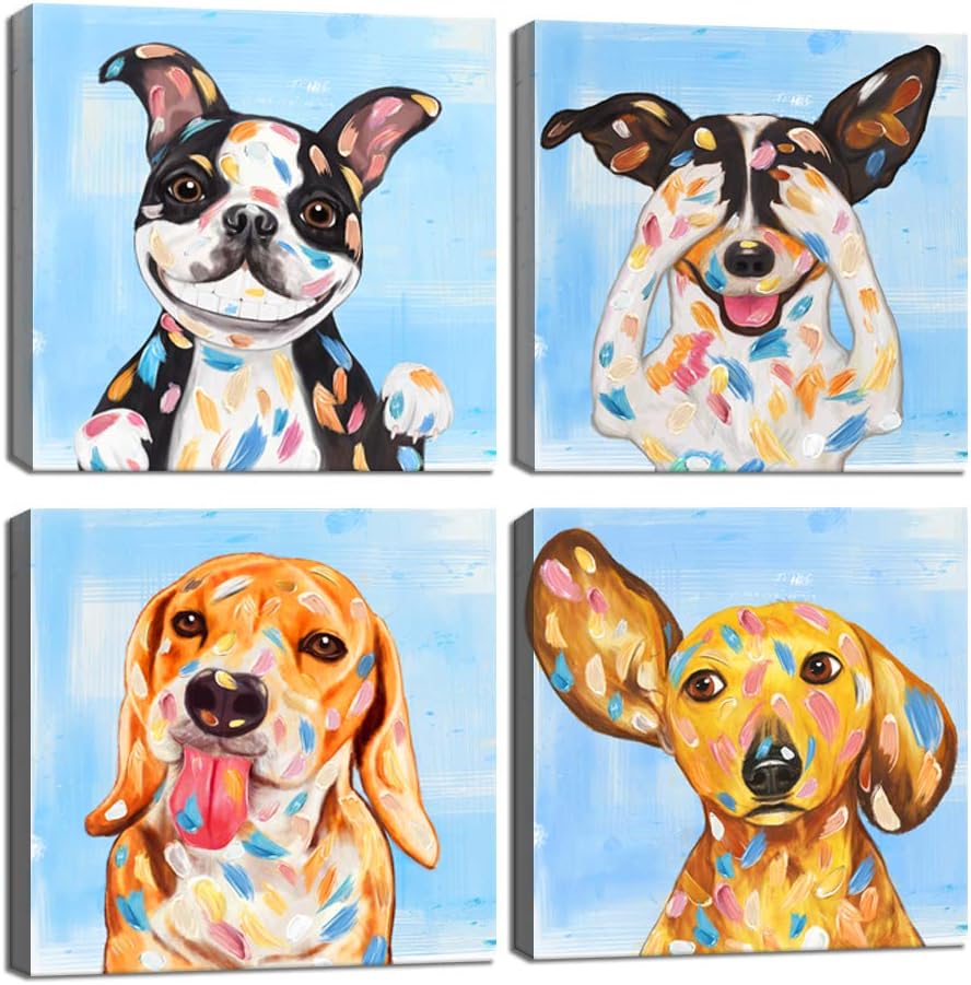 Abstract Puppy Artwork Dog Painting Canvas Gallery Wrapped 12x12inch 4 Panel U843895