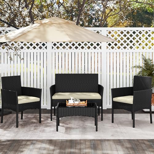 4 Pieces Rattan Wicker Patio Furniture Set with Cushion and Glass Table J981712