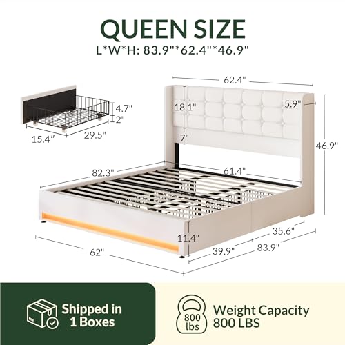 Queen Size White Velvet Upholstered Platform Bed Frame with 4 Storage Drawers G70245
