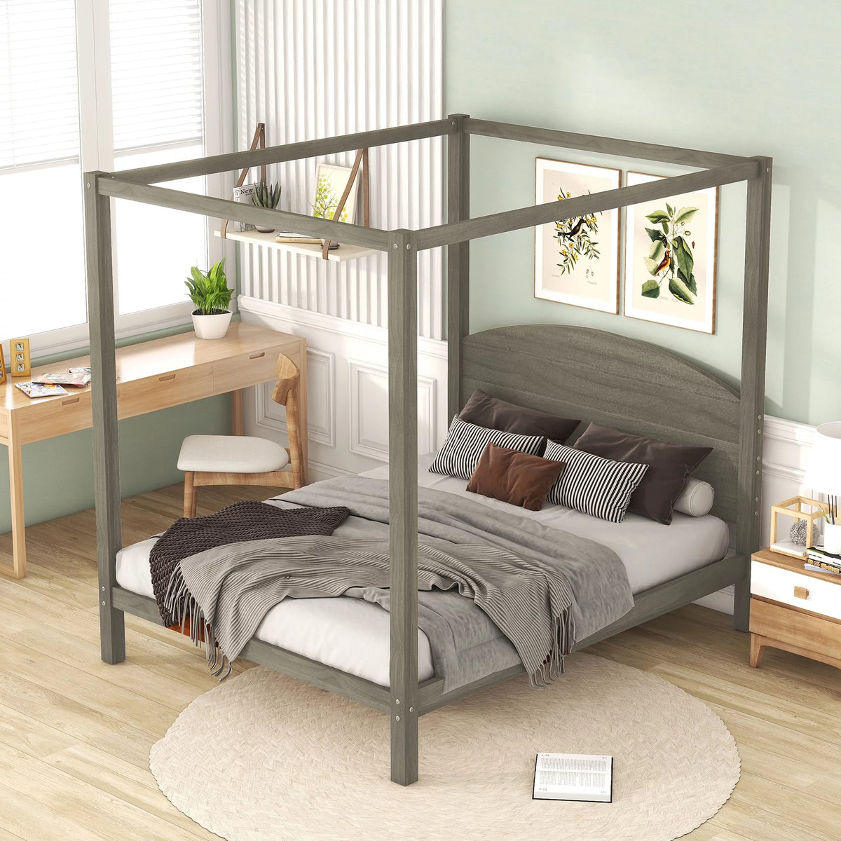 Wood Queen Size Canopy Bed with Headboard V3128