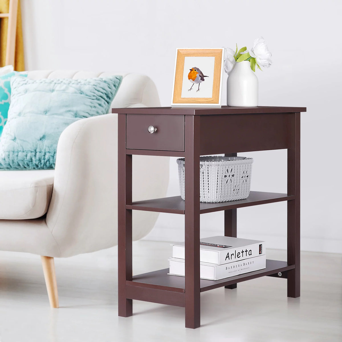 2 Pack 3-Tier Narrow MDF End Table with Drawer & Storage Shelf X4550