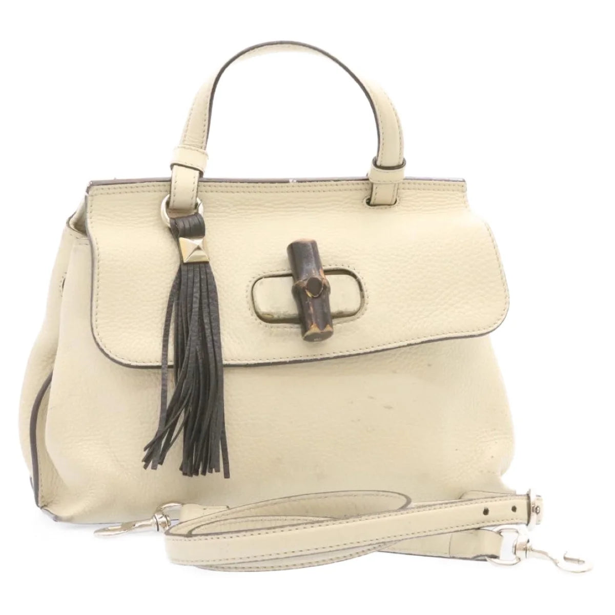 White Leather Bamboo Handbag T3136