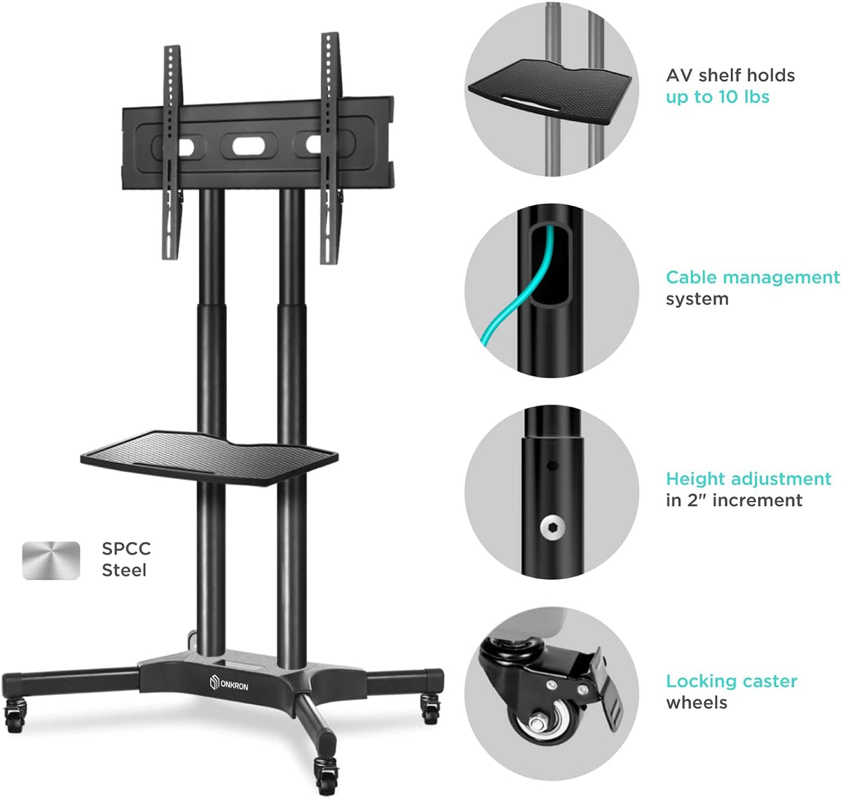 Mobile TV Stand Rolling TV Cart for 40 to 65 Inch LCD LED TV Screens with Wheels Shelves T302256