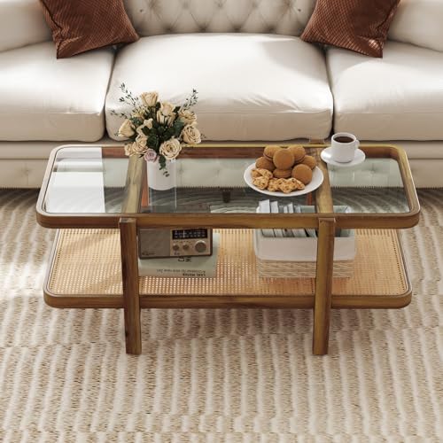 47.5" Rectangle Solid Wood Coffee Table with Tempered Glass Tabletop D438792
