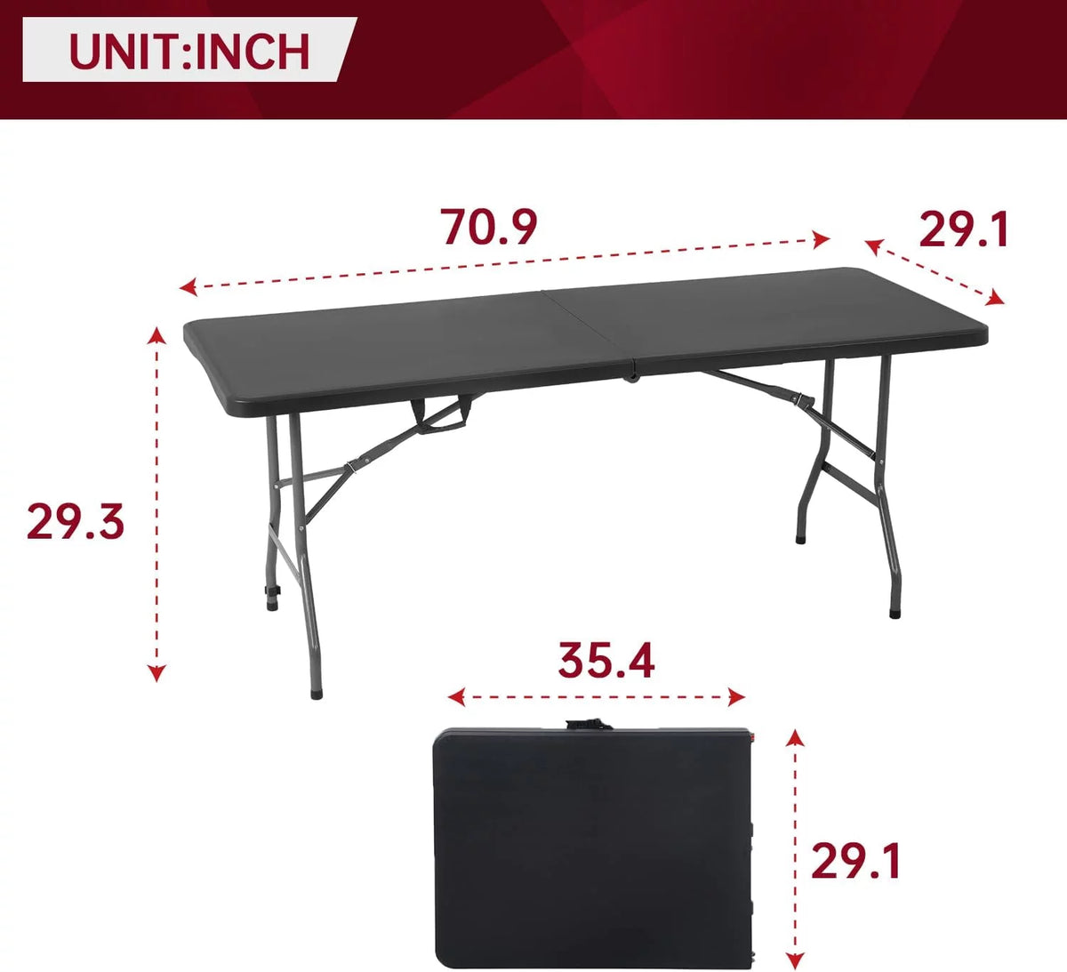 Black 6ft Plastic Folding Table with Carrying Handle U440410