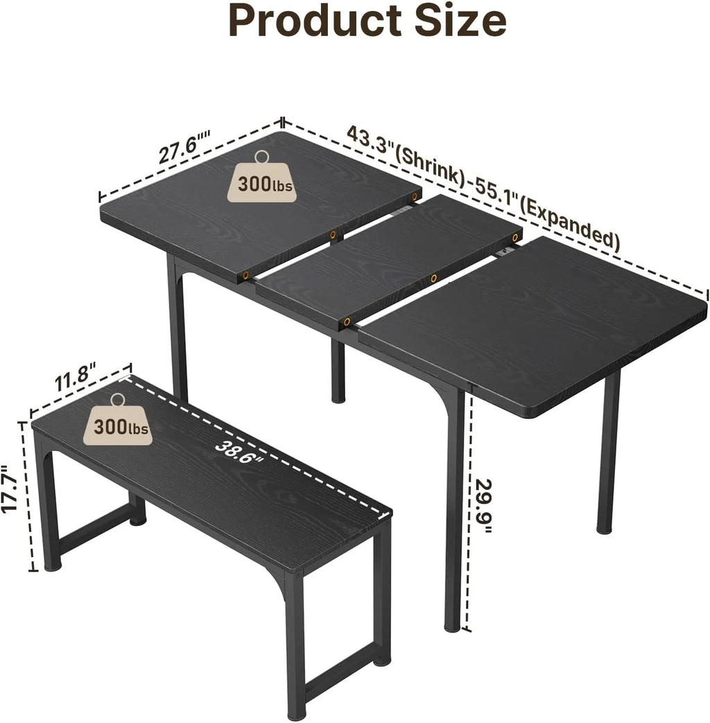 Black Extendable Dining Table Set with 2 Benches U893