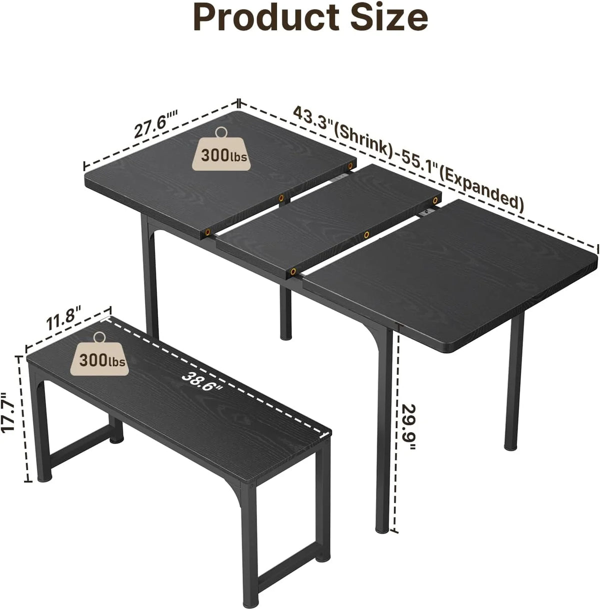 Black Extendable Dining Table Set with 2 Benches U893