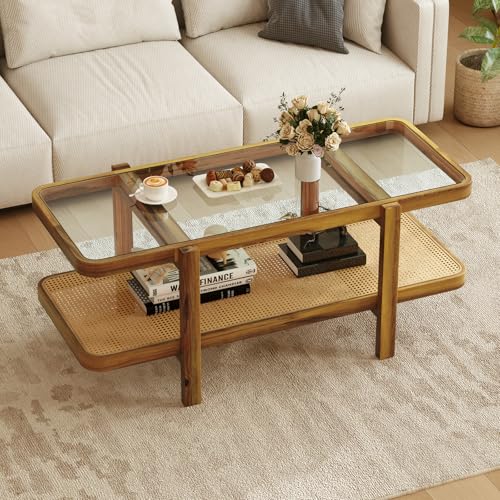 47.5" Rectangle Solid Wood Coffee Table with Tempered Glass Tabletop D438792