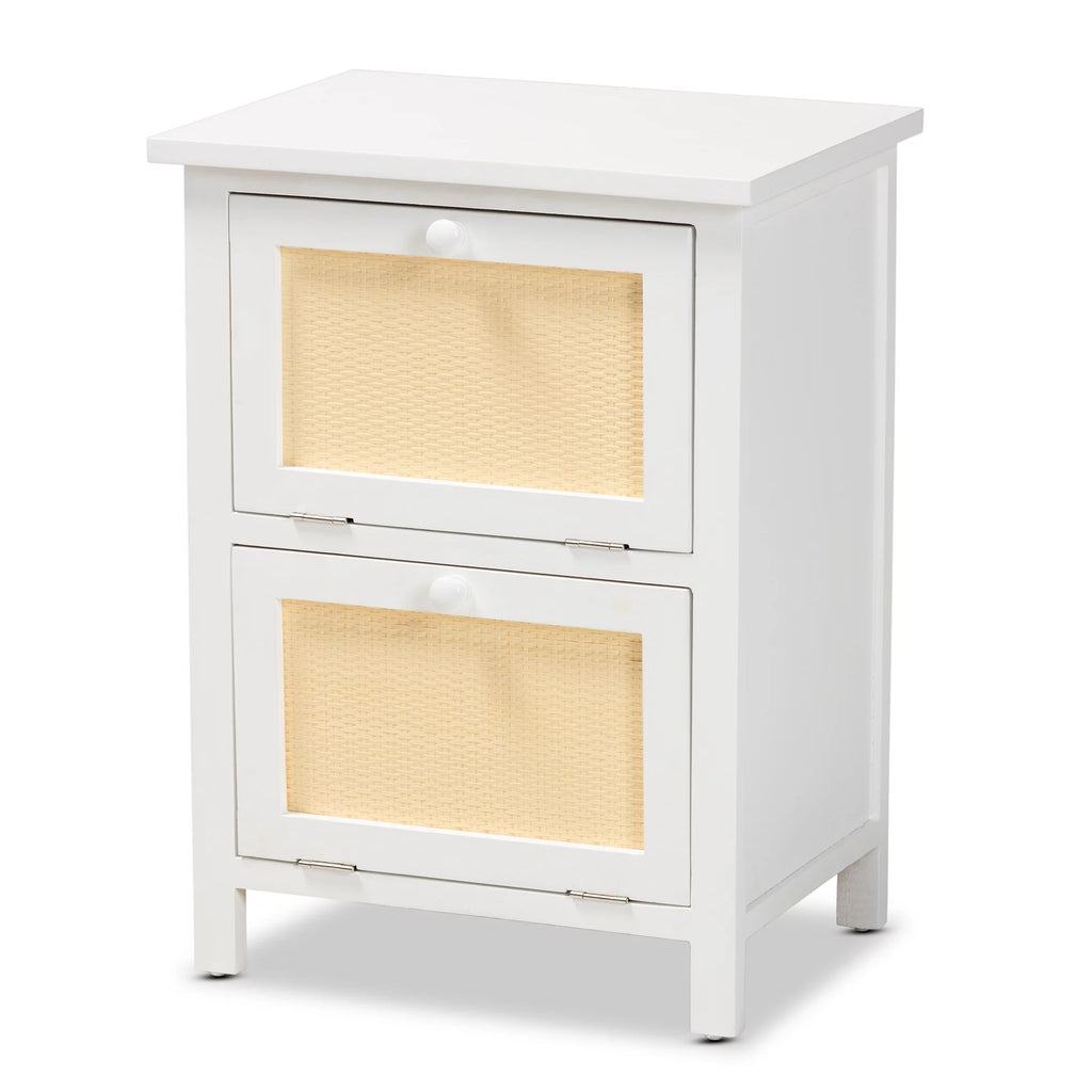 White Wood and Rattan 2-Door End Table C4618