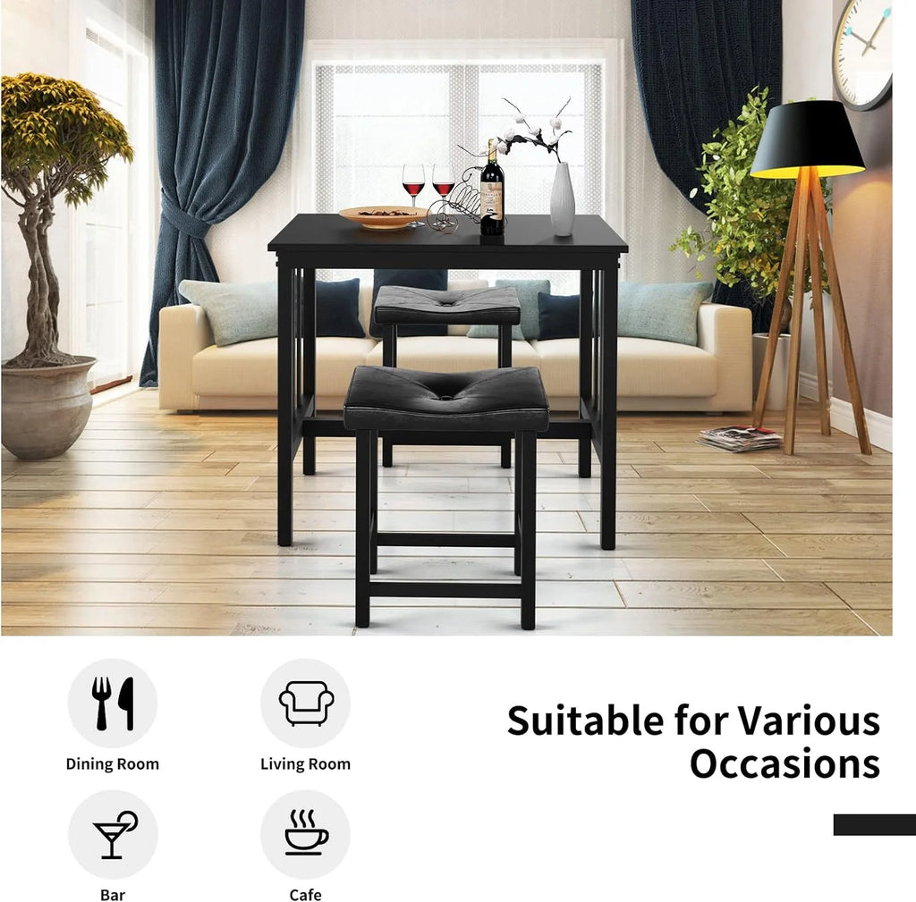 Black 3 Piece Dining Table Set with 2 Faux Leather Backless Stools D2785