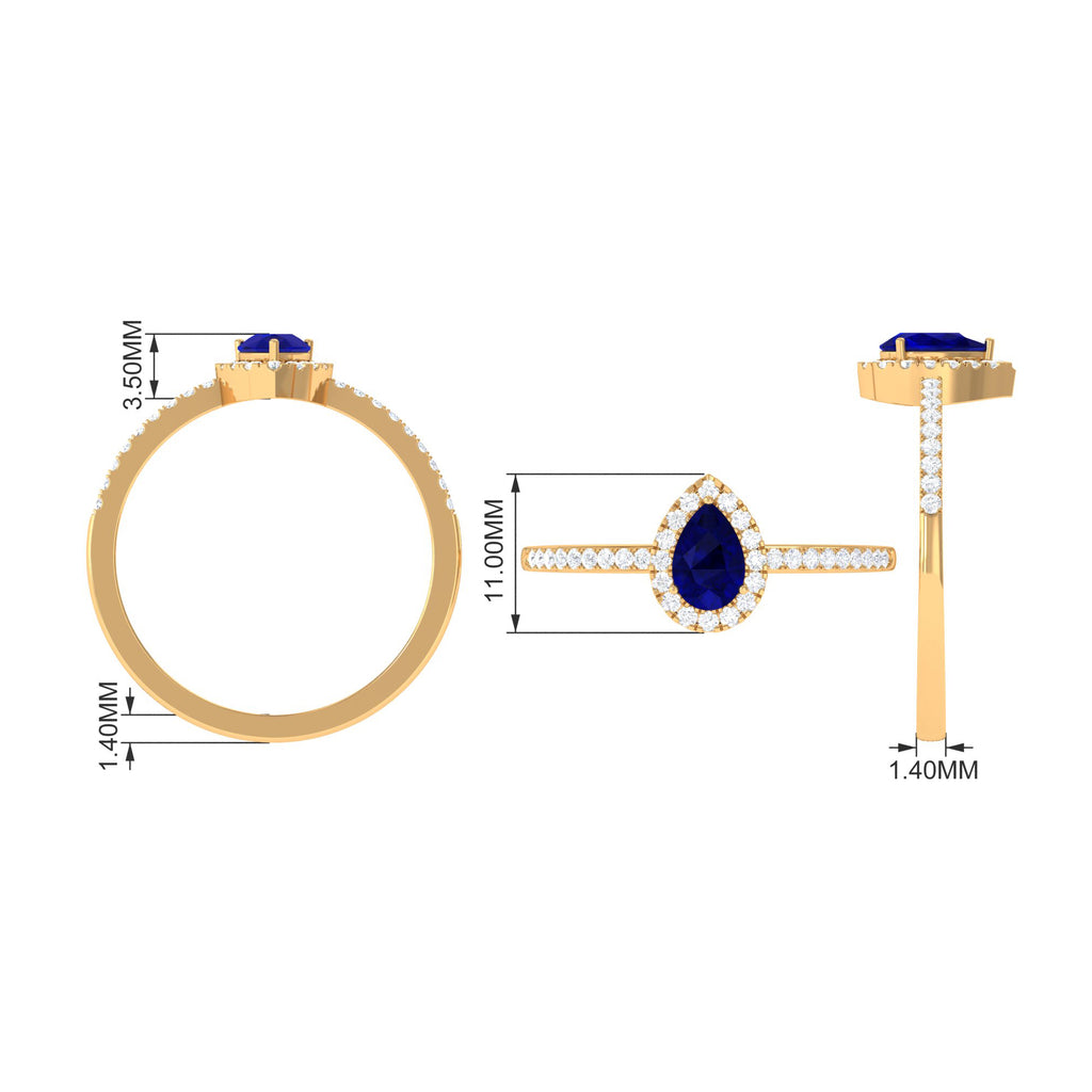 Pear Cut Blue Sapphire Teardrop Ring with Diamond Halo, 925 Sterling Silver, US 8.00 B124826