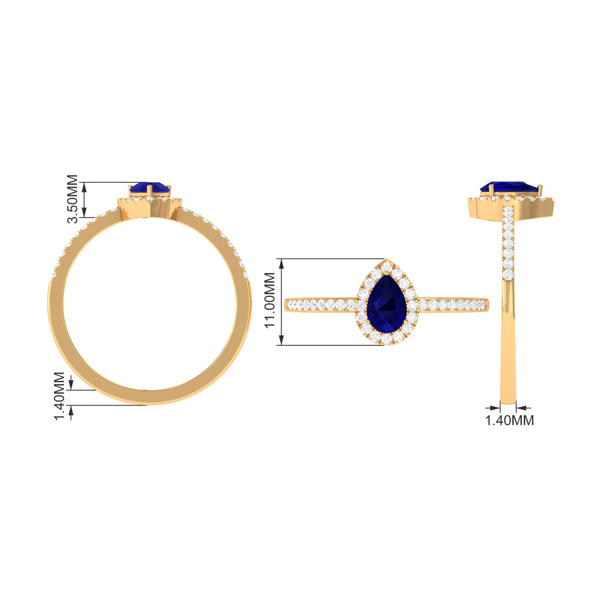 Pear Cut Blue Sapphire Teardrop Ring with Diamond Halo, 925 Sterling Silver, US 8.00 B124826