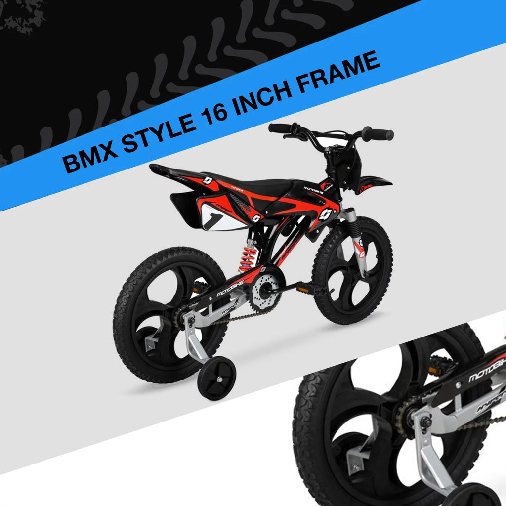 16 Kids Moto Bike with Training Wheels, Black/Red U96022