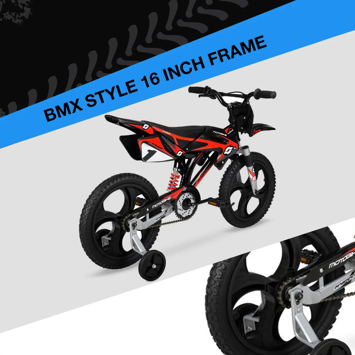 16 Kids Moto Bike with Training Wheels, Black/Red U96022